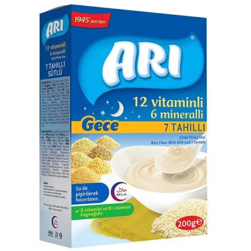 Arı Mama Pirinç Unu Kaşık Maması 200GR Gece 7 Tahıllı Sütlü 12 Vitaminli 6 Minarelli