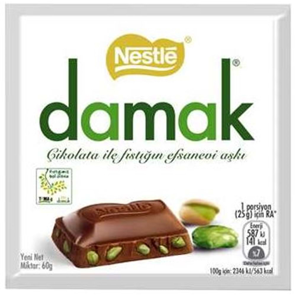 Nestle Damak Antep Fıstıklı Sütlü Kare Çikolata 60 Gr