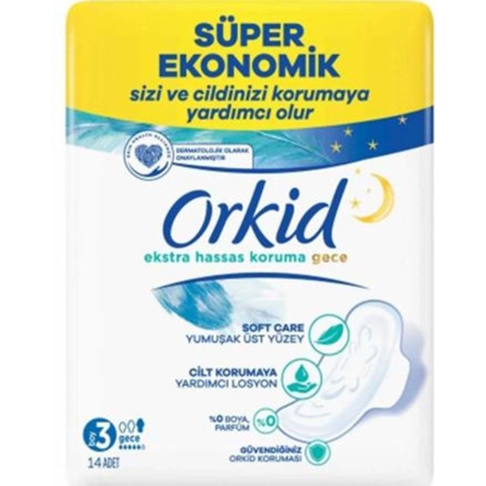 Orkid Extra Hassas Gece Hijyenik Ped 3 Beden 14'lü